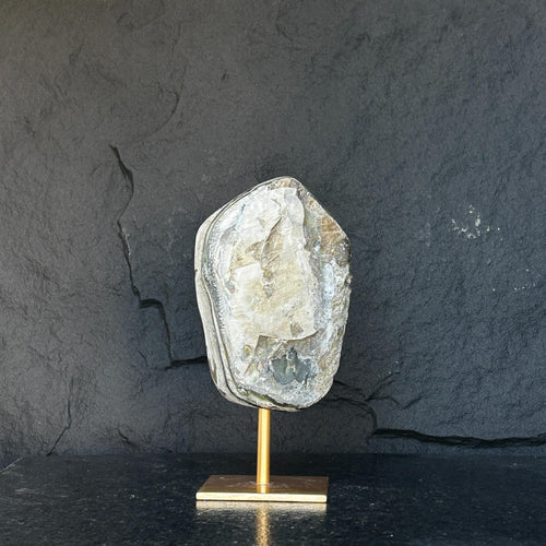 10 Inch White Quartz Geode Cave On Metallic Base