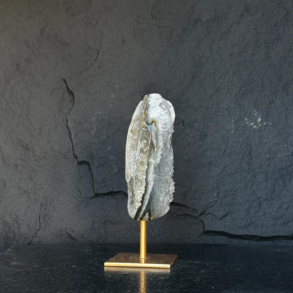 10 Inch White Quartz Geode Cave On Metallic Base
