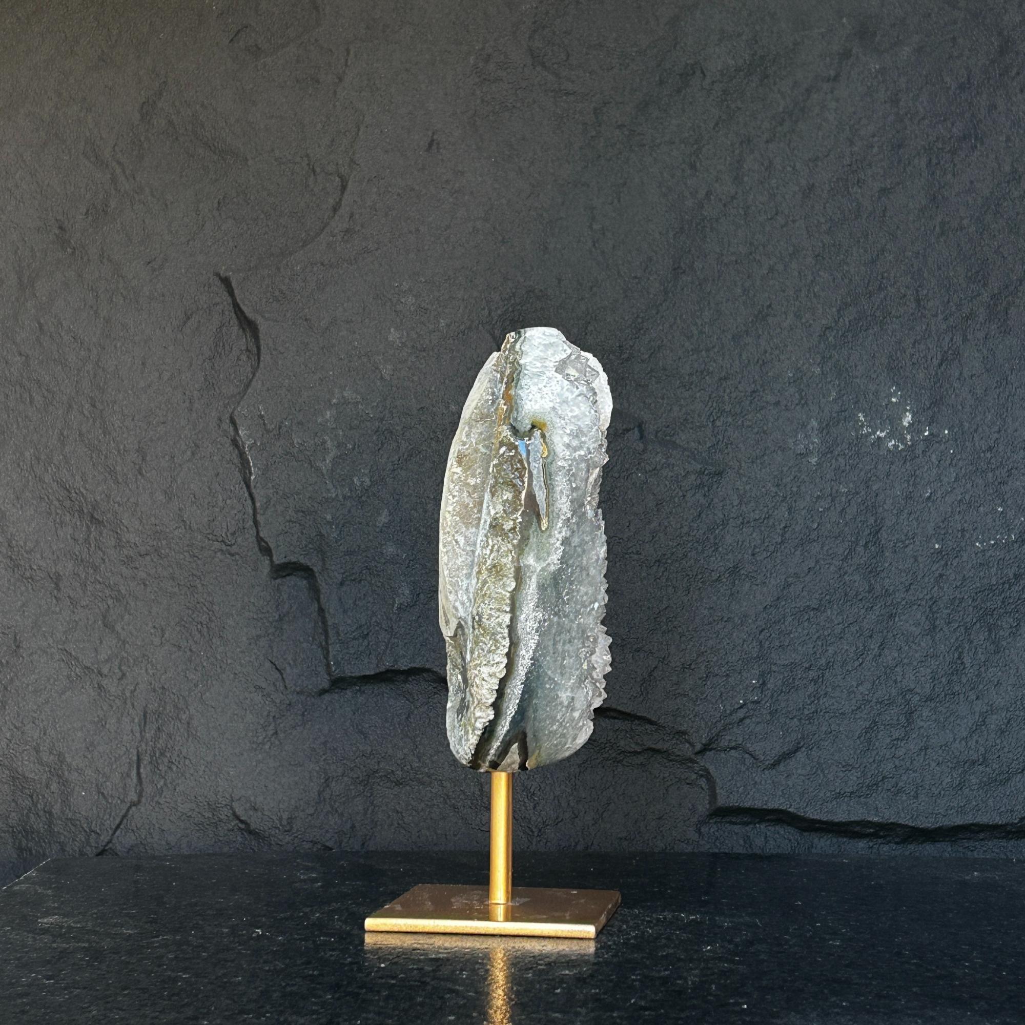 10 Inch White Quartz Geode Cave On Metallic Base