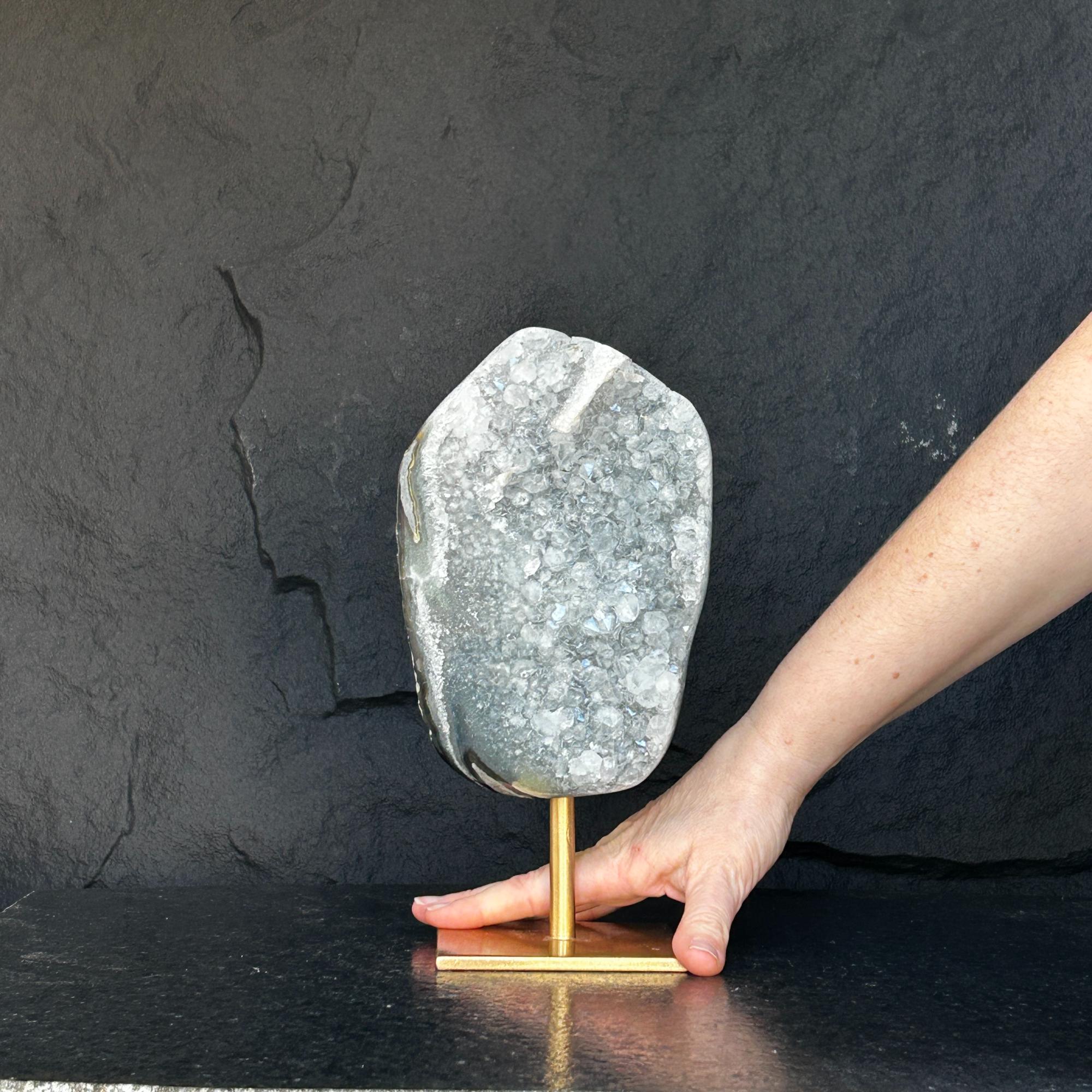 10 Inch White Quartz Geode Cave On Metallic Base