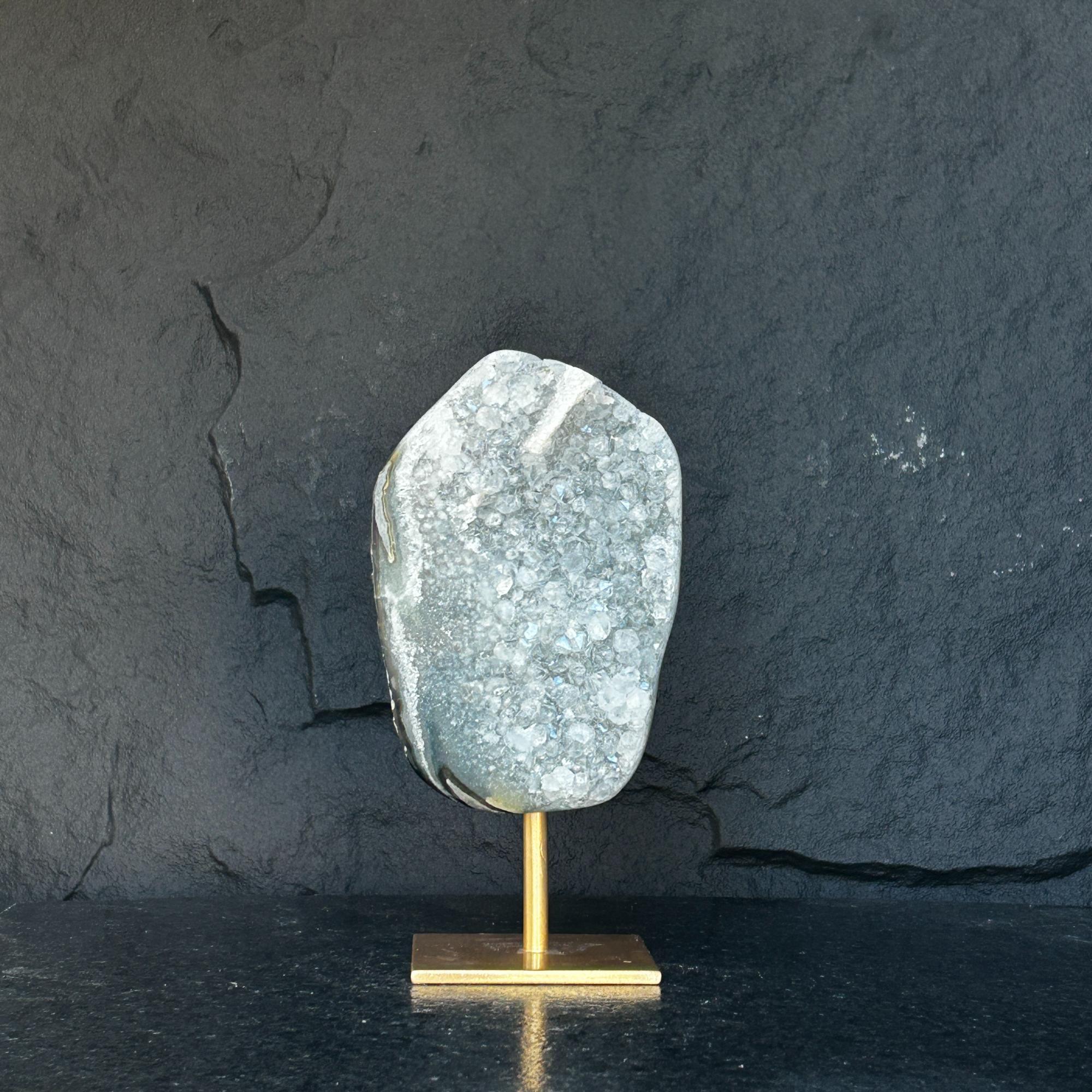 10 Inch White Quartz Geode Cave On Metallic Base