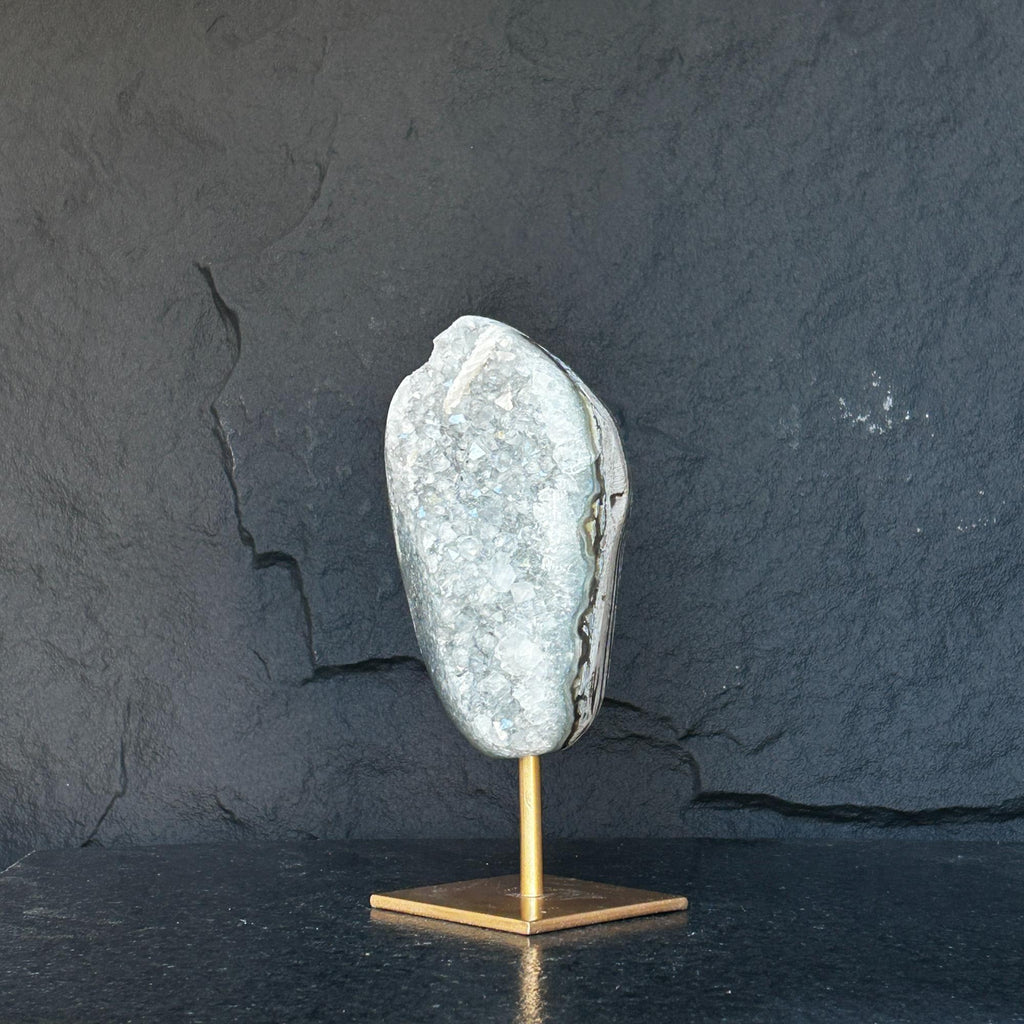 10 Inch White Quartz Geode Cave On Metallic Base