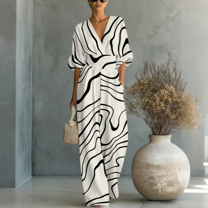 Women's Waist-Cinched V-Neck Printed Wide-Leg Jumpsuit