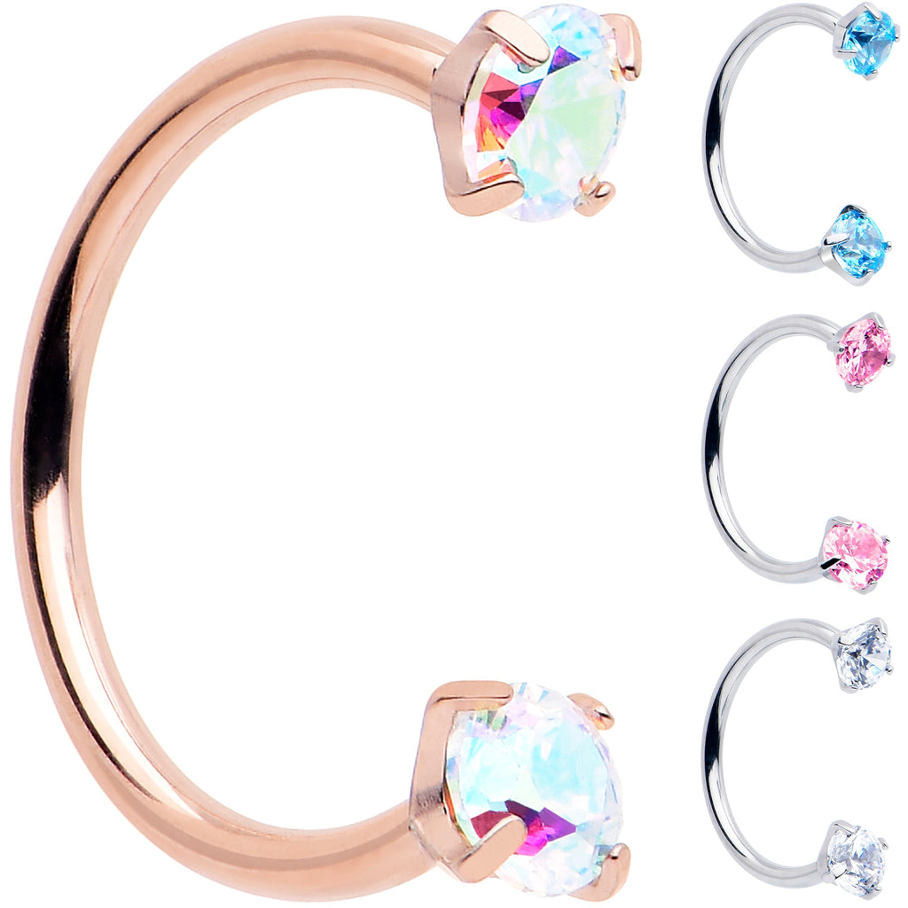 Double Gem Titanium Horseshoe Nose Ring -  Internally Threaded Solid Titanium CZ Horseshoe Nose Hoop
