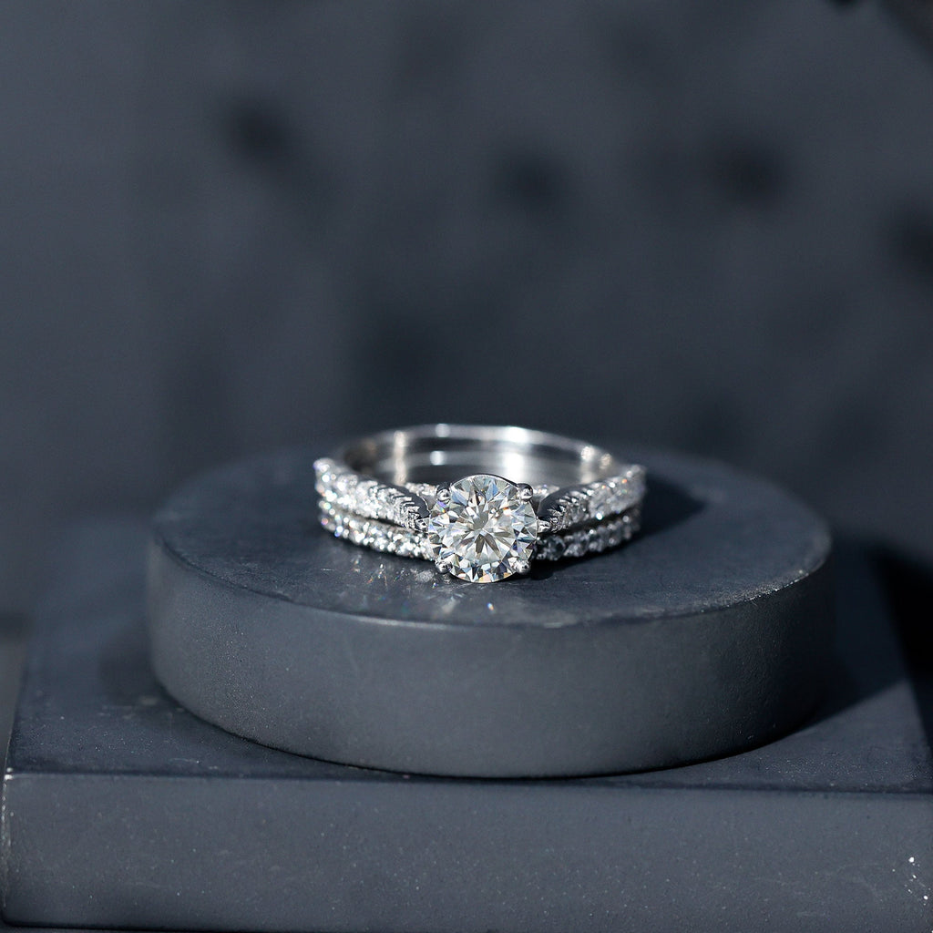 4 CT Moissanite Solitaire Engagement Ring Set With Eternity Band