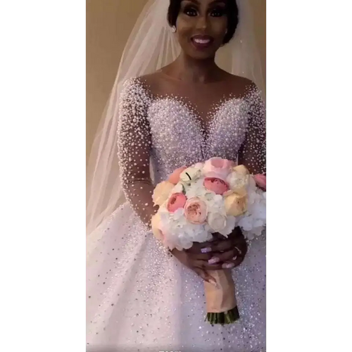 Beaded White Ball Gown Wedding Dress Long Sleeves
