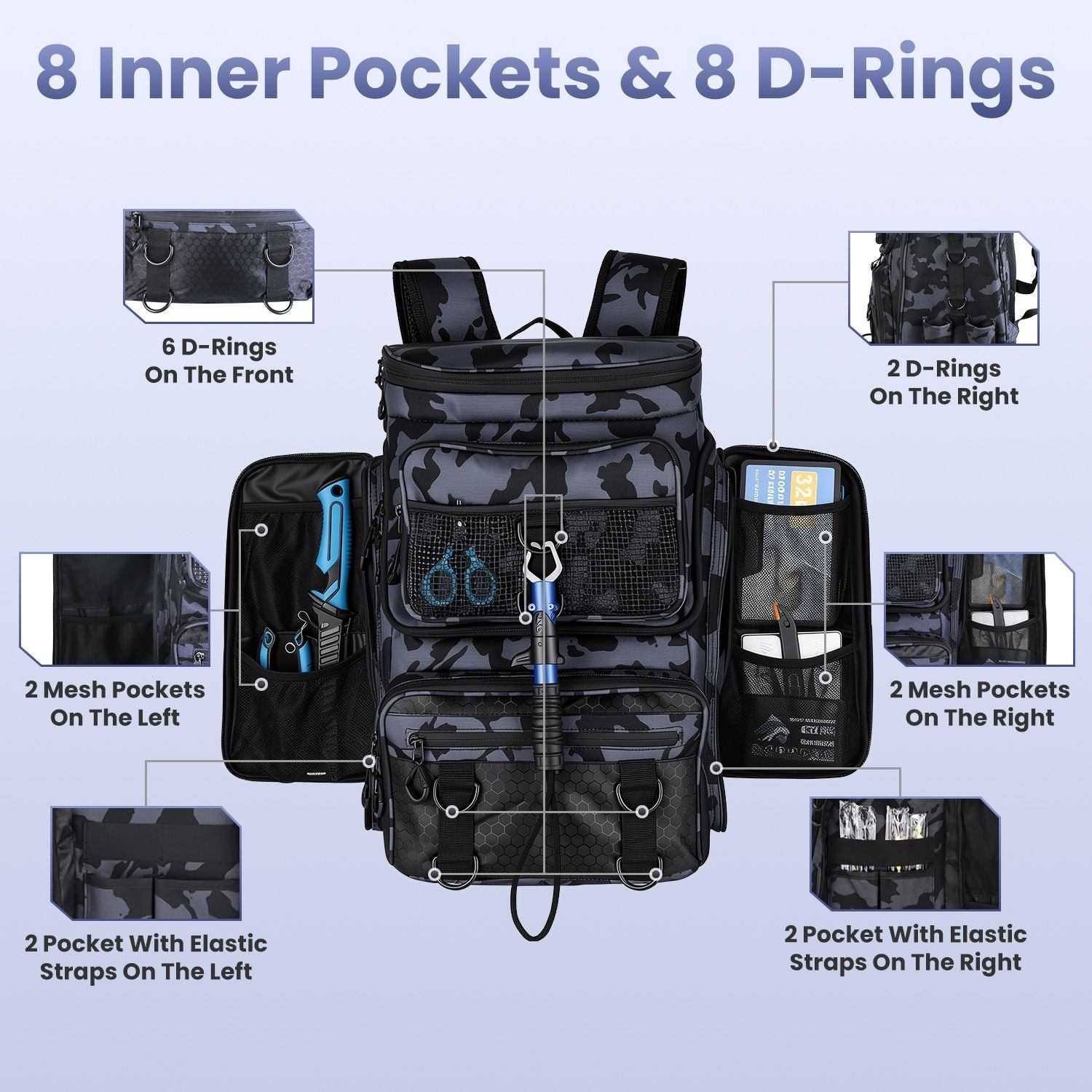 42L/11Gal Fishing Backpack Large Capacity Fishing Tackle Storage Bag with Rod Holders 16-Pocket Water-Resistant with Divider Adjustable Padded Straps for Fishing Gear Outdoor Camping Hiking