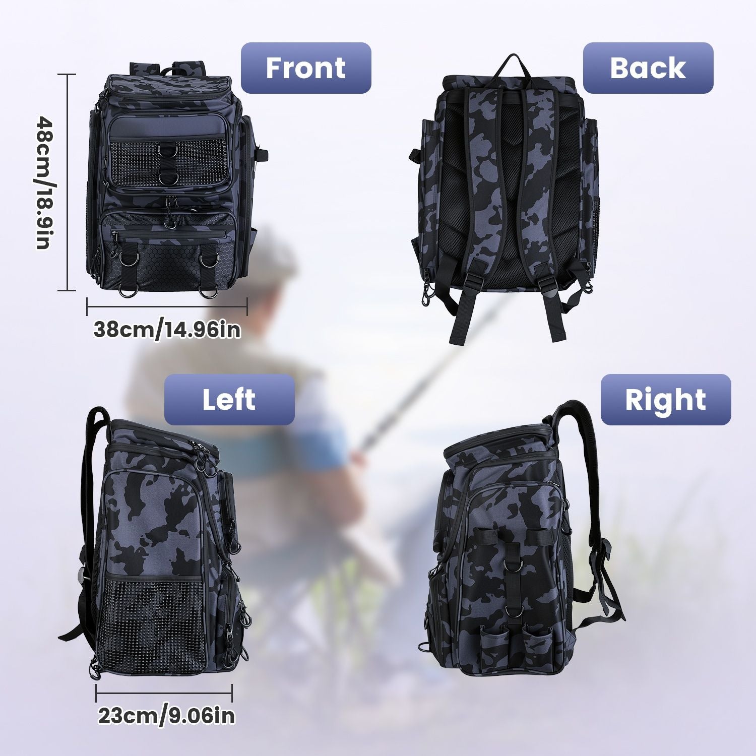 42L/11Gal Fishing Backpack Large Capacity Fishing Tackle Storage Bag with Rod Holders 16-Pocket Water-Resistant with Divider Adjustable Padded Straps for Fishing Gear Outdoor Camping Hiking