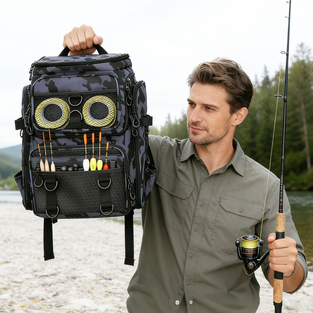 42L/11Gal Fishing Backpack Large Capacity Fishing Tackle Storage Bag with Rod Holders 16-Pocket Water-Resistant with Divider Adjustable Padded Straps for Fishing Gear Outdoor Camping Hiking