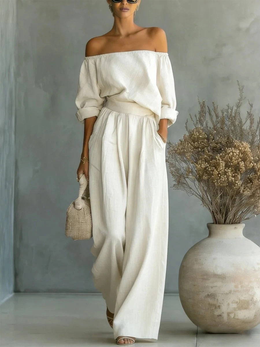Casual Two-Piece Womens Outfit Off-Shoulder Top And Wide-Leg Pants Set (see size chart under more details)